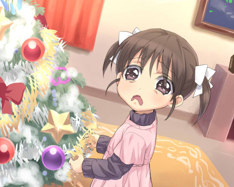 1girl, bangs, brown_eyes, brown_hair, child, christmas, christmas_is_cancelled, christmas_ornaments