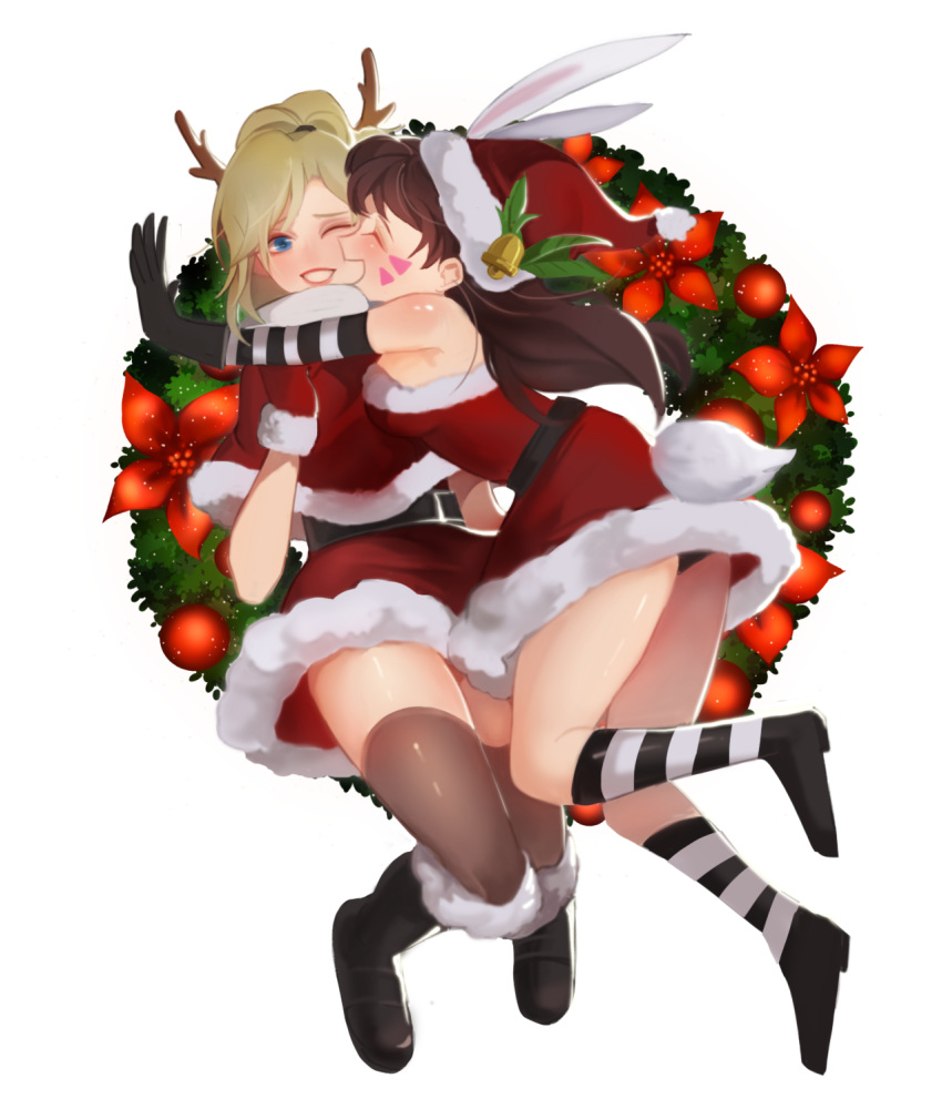 2girls, :d, antlers, bare_shoulders, bell, belt, black_boots, blonde_hair