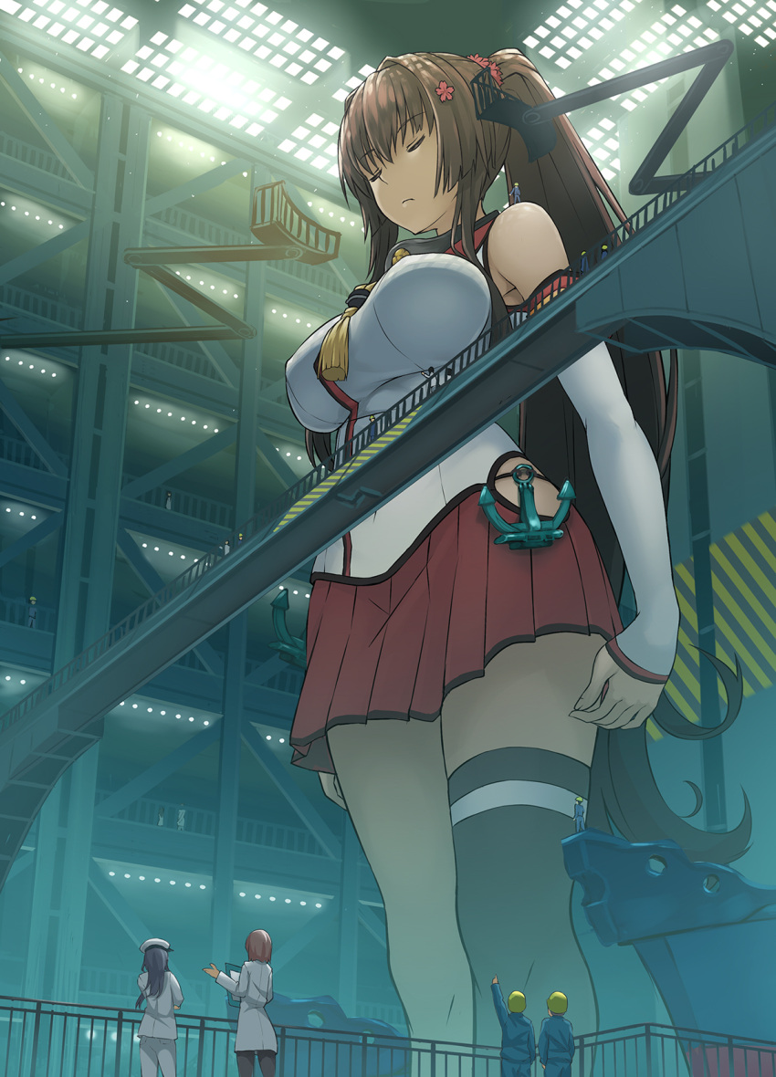 3girls, 6+boys, anchor, armpit_peek, arms_at_sides, asymmetrical_legwear, bangs, bare_shoulders
