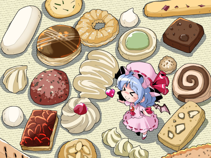 >_<, 1girl, ascot, bat_wings, blue_hair, blush, brooch, closed_eyes