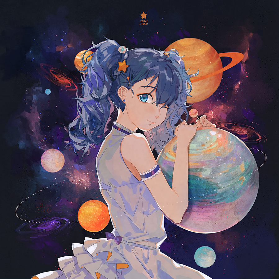 1girl, arm_garter, blue_eyes, blue_hair, candy, dress, earrings, fen_renlei