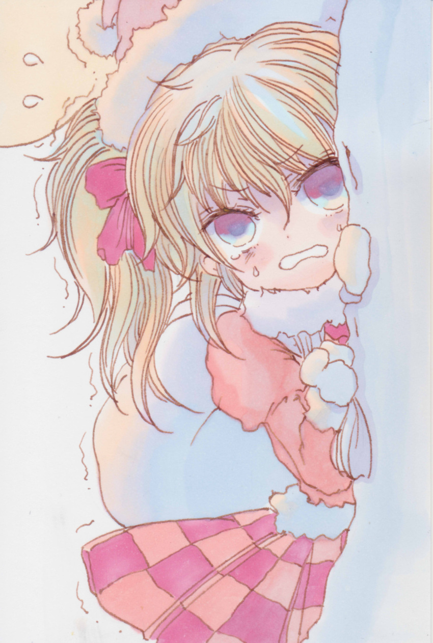 1girl, absurdres, alternate_costume, bag, bangs, blush, brown_hair, checkered