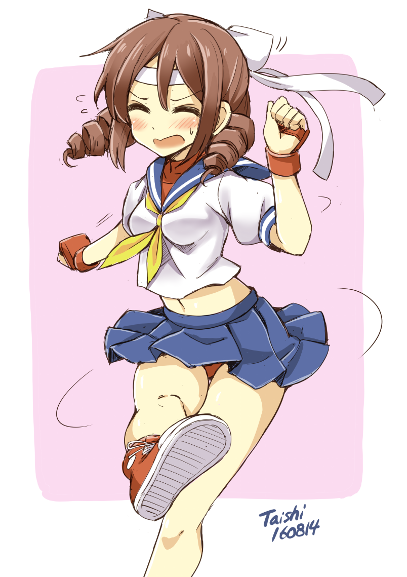 1girl, artist_name, blue_skirt, brown_hair, buruma, buruma_under_skirt, closed_eyes, cosplay