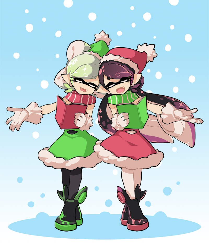 2girls, ankle_boots, black_boots, black_hair, black_legwear, book, boots, callie