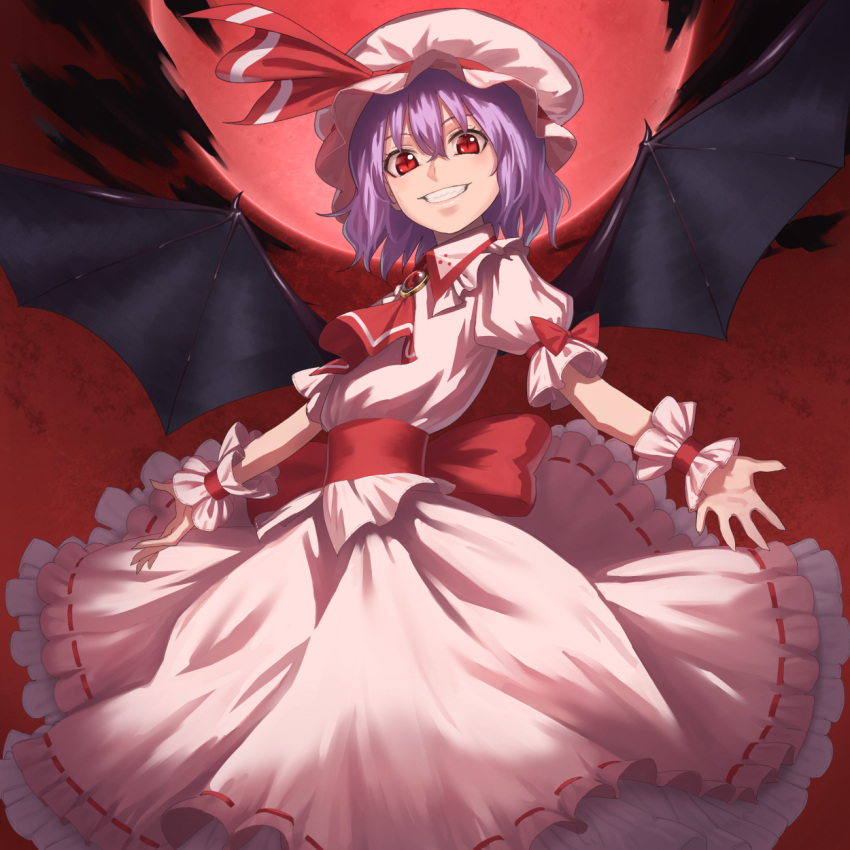 1girl, amino_(tn7135), ascot, bat_wings, clouds, dress, frilled_dress, frills