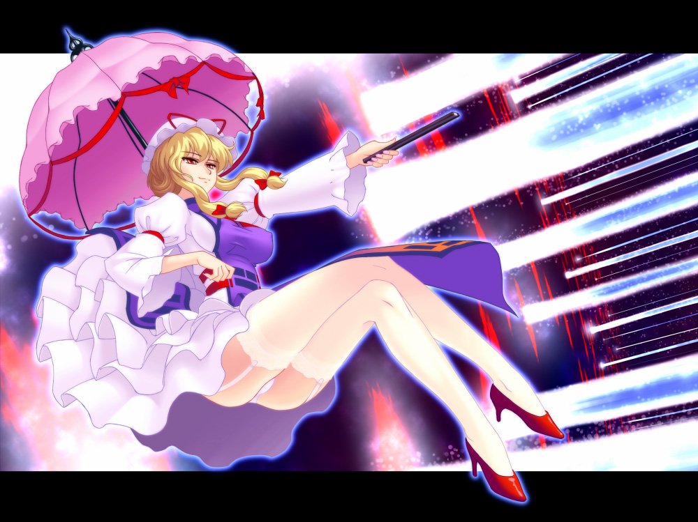 breasts, crossed_legs, danmaku, garter_belt, hanazuka_ryouji, hat, high_heels, legs
