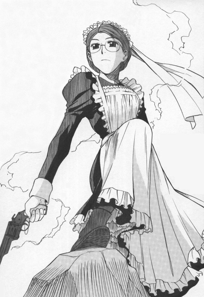 1girl, boots, emma, emma_(victorian_romance_emma), glasses, gun, handgun, maid, mekongdelta, monochrome, revolver, solo, victorian_romance_emma, weapon