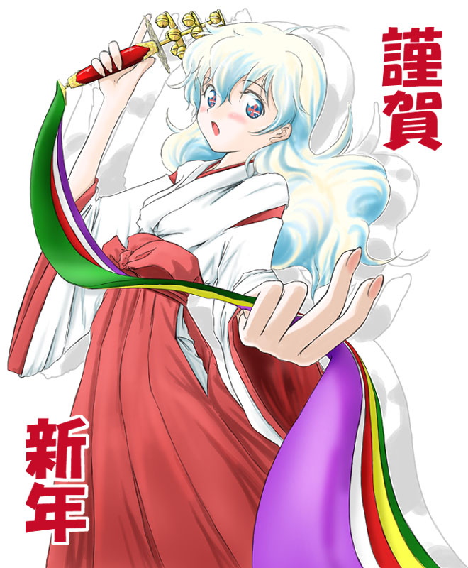 bad_id, bell, blush, chiaki_lsd, japanese_clothes, kagura_suzu, miko, multicolored_hair