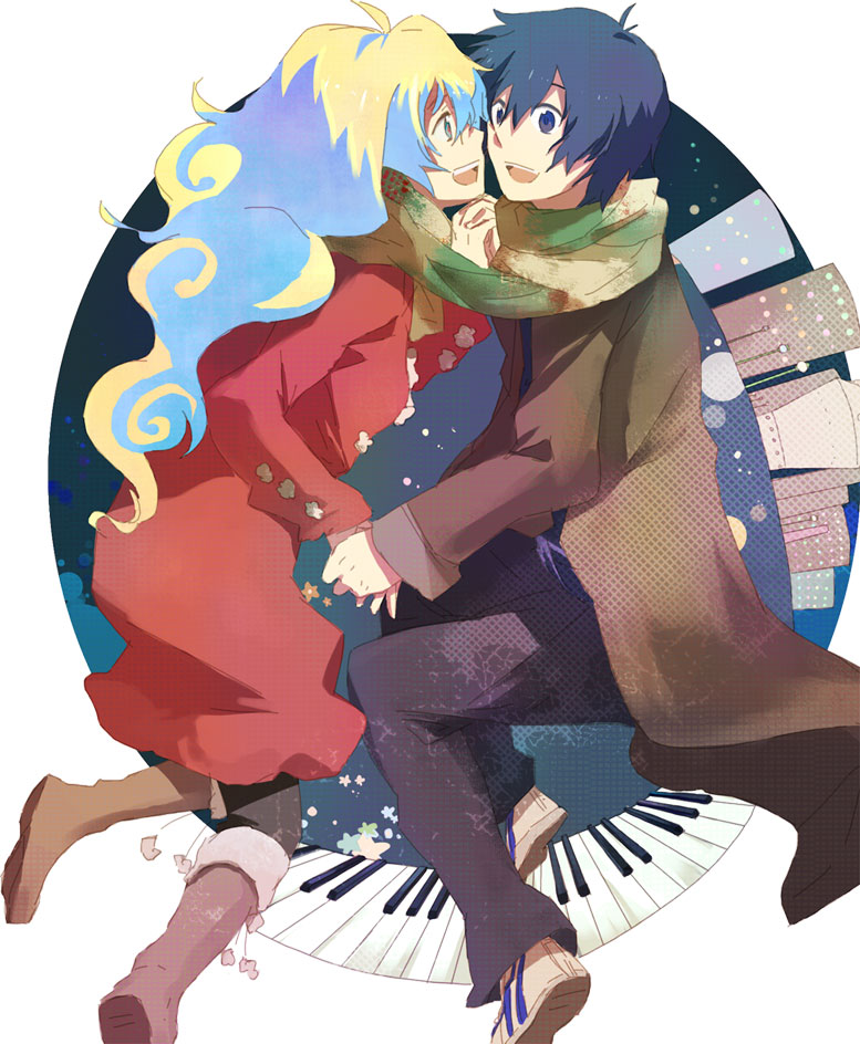 1girl, bad_id, blue_hair, boots, city, coat, cogiku, couple