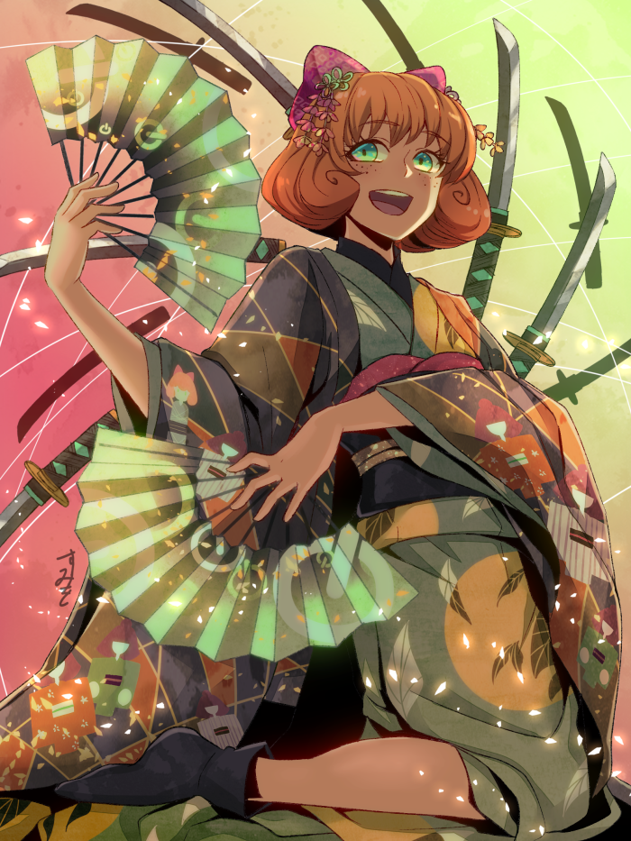 1girl, bow, folding_fan, freckles, green_eyes, hair_decoration, japanese_clothes, kimono