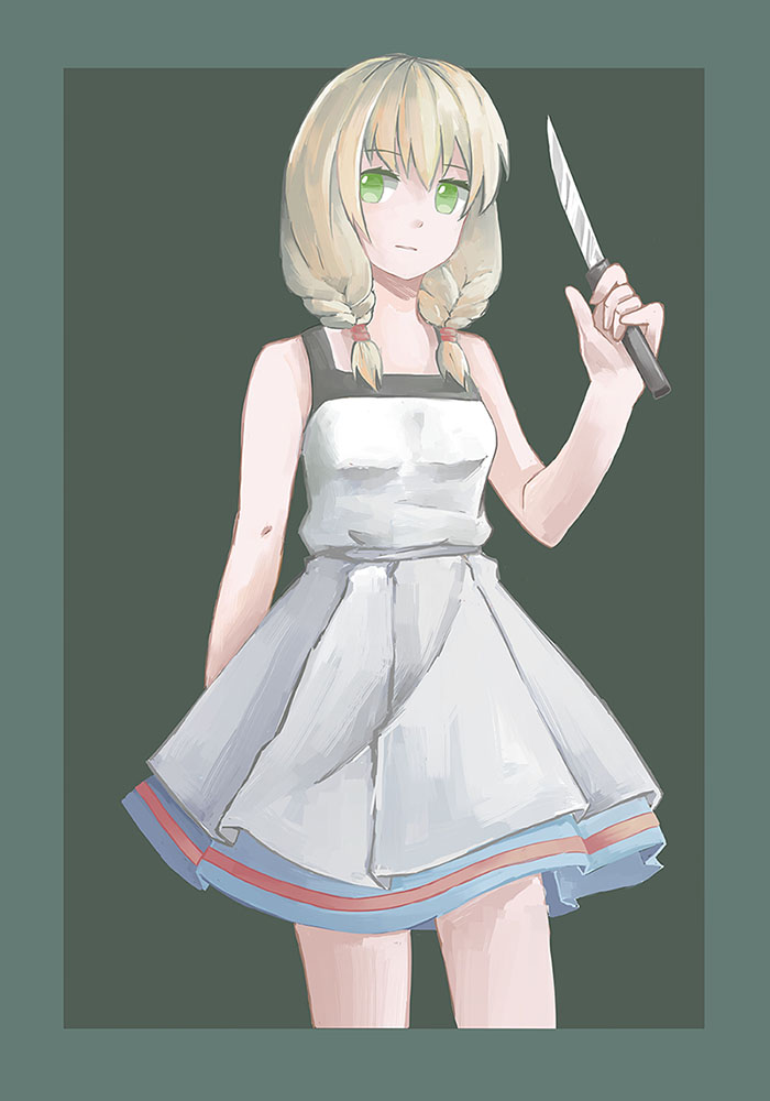1girl, aqua_background, blonde_hair, border, braid, dress, eyebrows_visible_through_hair, featherwings24