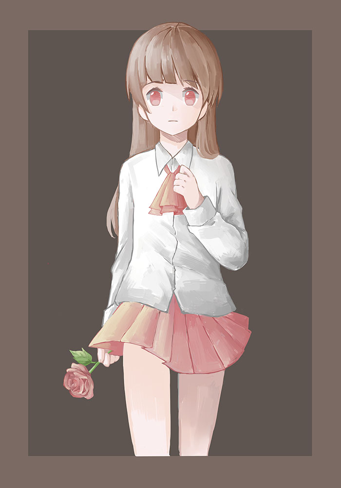 1girl, ascot, bangs, blunt_bangs, border, brown_background, brown_hair, clenched_hand, collared_shirt, featherwings24, flower, holding, holding_flower, ib, ib_(ib), long_hair, long_sleeves, looking_at_viewer, outside_border, parted_lips, pleated_skirt, red_eyes, red_rose, red_skirt, rose, shirt, simple_background, skirt, solo, white_shirt, wing_collar