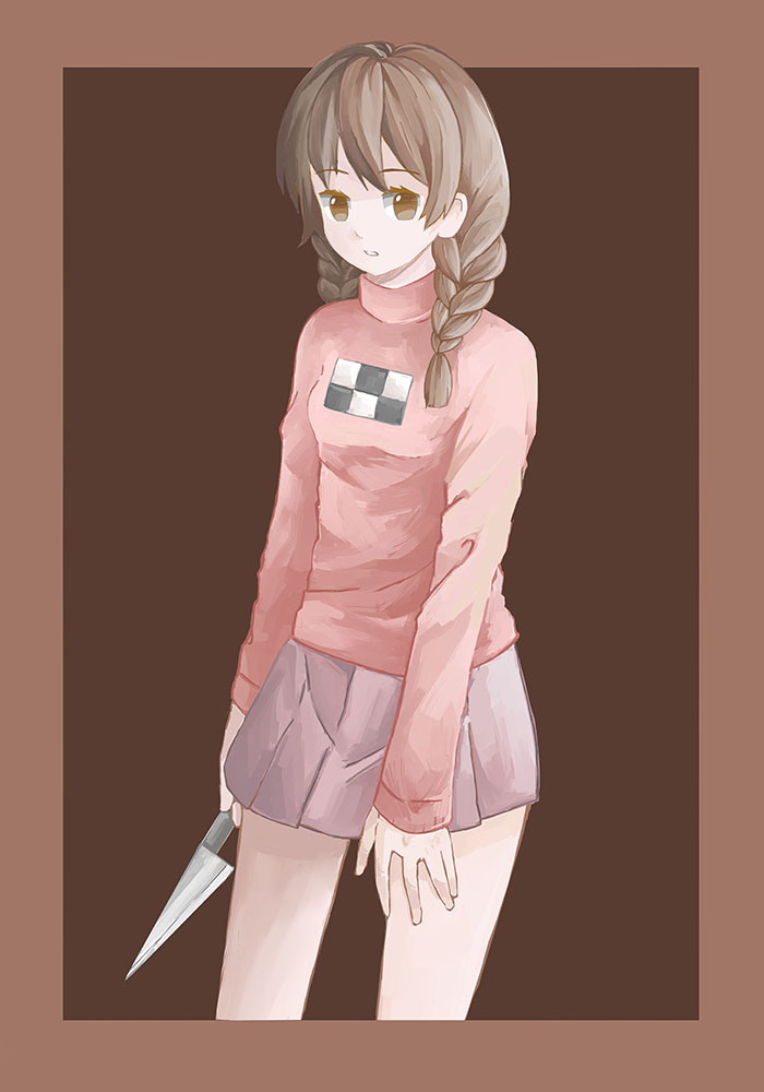 1girl, border, braid, brown_background, brown_eyes, eyebrows_visible_through_hair, featherwings24, holding
