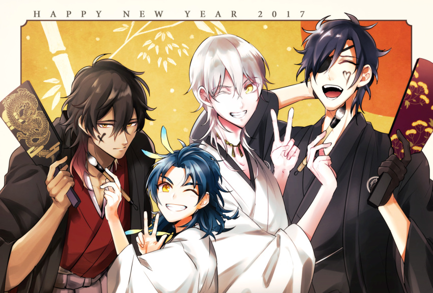 2017, 4boys, black_gloves, black_hair, blue_hair, brown_hair, eyepatch, facepaint, feathers, fuku-ro, gloves, grin, hagoita, hair_feathers, hanetsuki, happy_new_year, japanese_clothes, male_focus, multiple_boys, new_year, one_eye_closed, ookurikara, open_mouth, paddle, paintbrush, shokudaikiri_mitsutada, smile, taikogane_sadamune, touken_ranbu, tsurumaru_kuninaga, v, white_hair, yellow_eyes