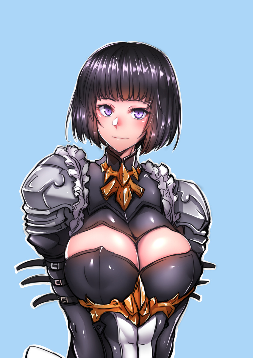 1girl, absurdres, arm_belt, armor, bangs, black_hair, blue_background, blunt_bangs, bob_cut, breasts, cleavage, cleavage_cutout, closed_mouth, dress, erect_nipples, erika_(shadowverse), gggg, highres, jewelry, large_breasts, long_sleeves, looking_at_viewer, pendant, shadowverse, short_hair, simple_background, smile, solo, spaulders, turtleneck, upper_body, violet_eyes