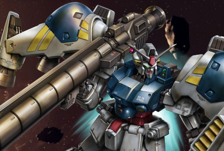 asteroid, bazooka, dias-tajima, gundam, gundam_0083, gundam_gp-02_physalis, highres, mecha, no_humans, shield, space, thrusters, weapon, zero_gravity