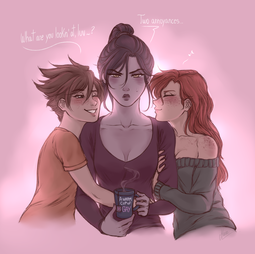 3girls, ^_^, breasts, brown_hair, casual, cleavage, closed_eyes, coffee