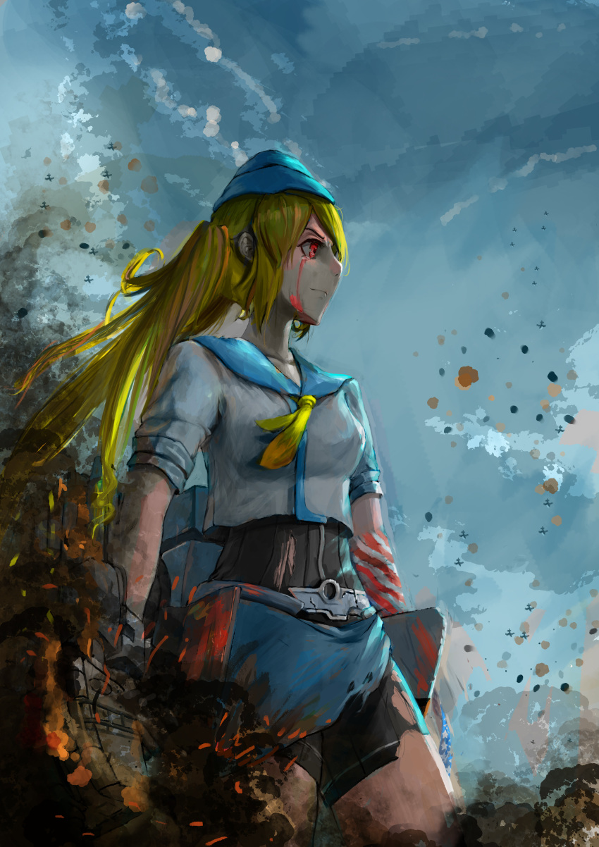 1girl, absurdres, aircraft, american_flag, blonde_hair, blood, blood_on_face, bloody_tears