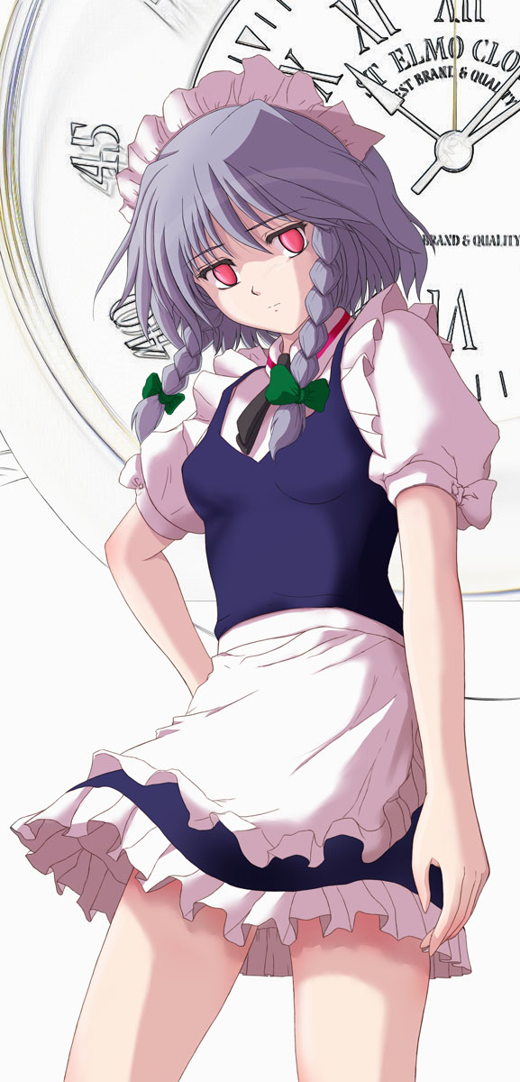 bad_id, clock, hairband, highres, izayoi_sakuya, maid, red_eyes, ribbon