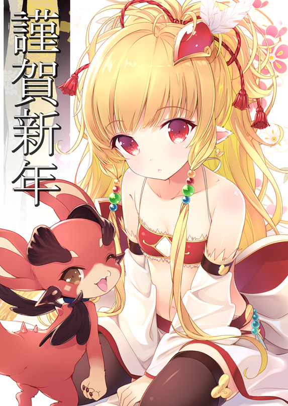 1girl, :<, animal_ears, bandeau, bangs, black_legwear, blonde_hair, breasts