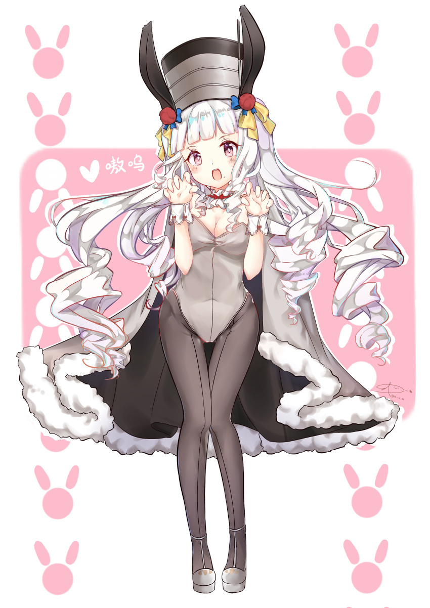 1girl, absurdres, animal_ears, bangs, blunt_bangs, blush, breasts, bunnysuit, cape, claw_pose, cleavage, covered_navel, dated, drill_hair, eta, full_body, grey_cape, grey_legwear, highres, legs_together, long_hair, looking_at_viewer, machinery, mole, mole_under_mouth, navel, novgorod_(zhan_jian_shao_nyu), open_mouth, pantyhose, pink_background, pink_eyes, rabbit_ears, ribbon, shoes, signature, smokestack, solo, standing, teeth, text, thigh_gap, very_long_hair, white_background, white_hair, white_shoes, wrist_cuffs, yellow_ribbon, zhan_jian_shao_nyu