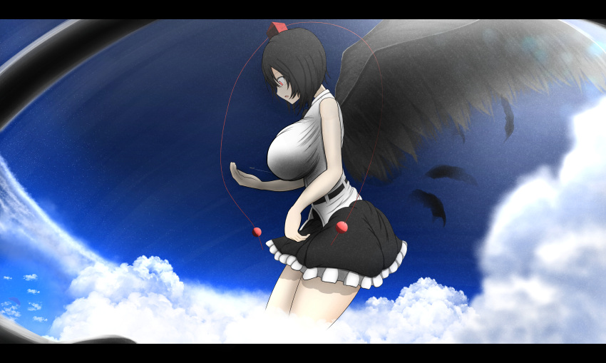 1girl, absurdres, aircraft, airplane, black_hair, black_wings, breasts, giantess, hat, highres, huge_breasts, neva, red_eyes, shameimaru_aya, shirt, short_hair, short_sleeves, skirt, sky, sleeveless, solo, tokin_hat, touhou, wings
