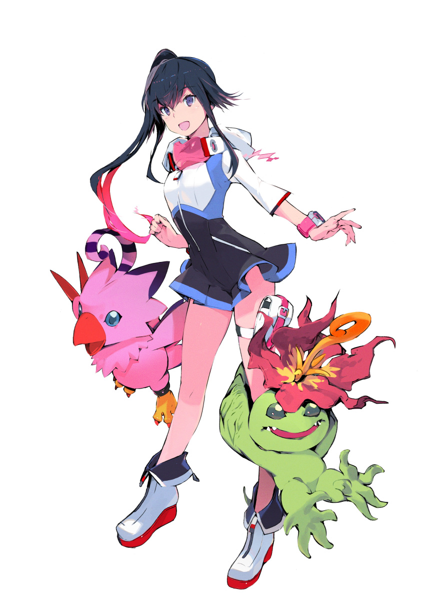 1girl, absurdres, bird, black_dress, black_hair, blue_eyes, boots, claws