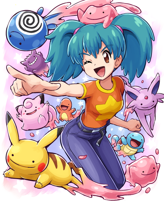 ;d, aqua_hair, belt, charmander, clefairy, denim, ditto, espeon, gengar, imite_(pokemon), jeans, one_eye_closed, open_mouth, pants, pikachu, pointing, pokemoa, pokemon, pokemon_(anime), poliwag, smile, squirtle, twintails