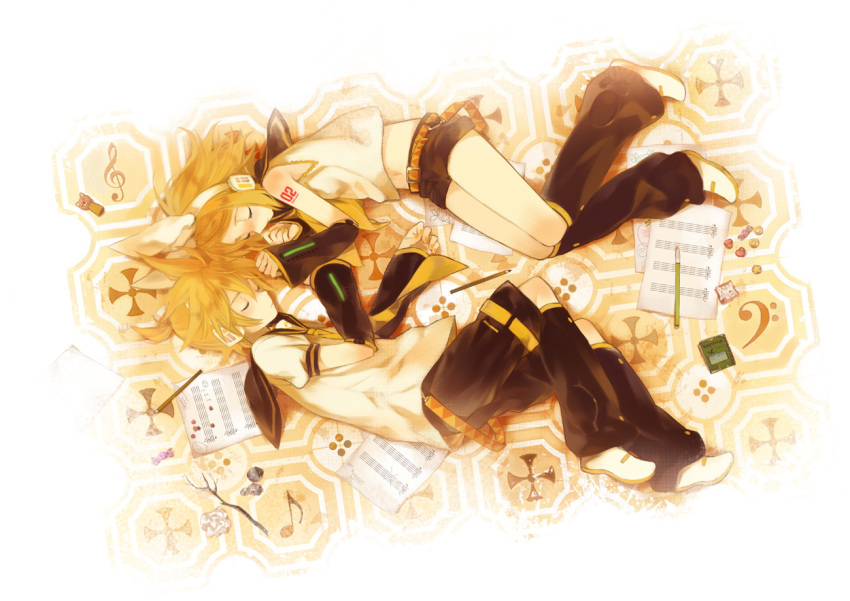 closed_eyes, kagamine_len, kagamine_rin, komagarita, komagata, lying, sheet_music, short_hair