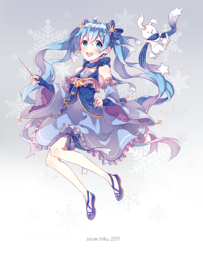 1girl, 2017, ahoge, blue_eyes, blue_hair, character_name, detached_sleeves, dress