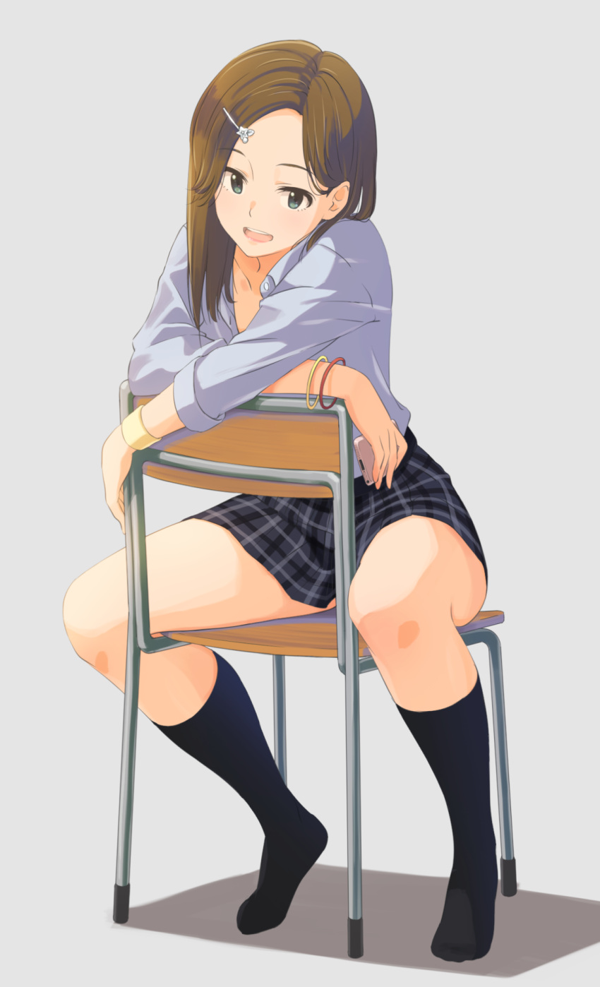 1girl, bangs, bracelet, brown_hair, cellphone, chair, character_request, green_eyes