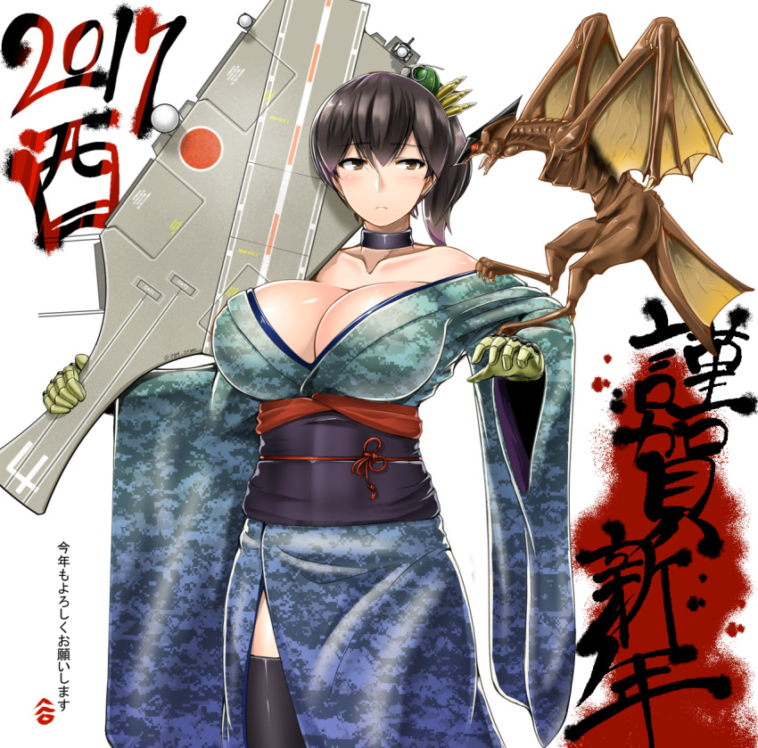 1girl, 2017, alternate_costume, ammunition, bare_shoulders, black_hair, blue_clothes, blue_kimono, blush, breasts, brown_eyes, camouflage, cartridge, choker, cleavage, collarbone, explosive, eyebrows_visible_through_hair, female, flight_deck, gamera_(series), gloves, green_gloves, grenade, gyaos, hagoita, hair_ornament, highres, huge_breasts, japanese_clothes, kaga_(jmsdf), kaga_(kantai_collection), kantai_collection, kimono, kotoyoro, long_sleeves, looking_at_another, looking_to_the_side, monster, new_year, obi, off_shoulder, paddle, parted_lips, phalanx_ciws, radome, red_eyes, saizu_nitou_gunsou, sash, short_hair, side_ponytail, side_slit, simple_background, standing, thigh-highs, translated, twitter_username, white_background, wide_sleeves, wings
