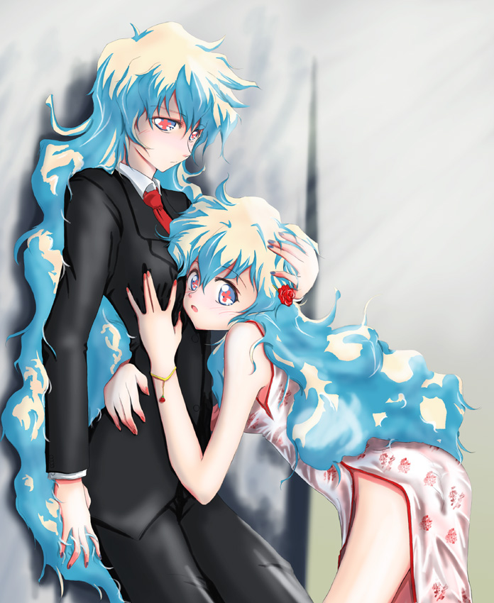 against_wall, bent_over, bracelet, chiaki_lsd, china_dress, chinadress, chinese_clothes, dual_persona, formal, hold, holding, jewelry, long_hair, multicolored_hair, nail_polish, necktie, nia_teppelin, pant_suit, selfcest, suit, tengen_toppa_gurren_lagann, time_paradox, very_long_hair