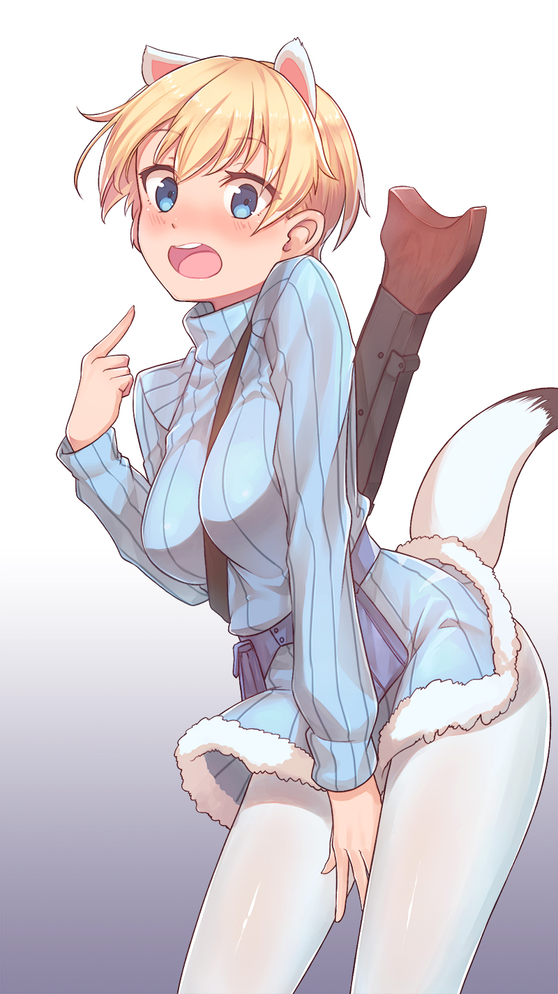 1girl, animal_ears, belt, between_legs, blonde_hair, blue_eyes, blush, brave_witches