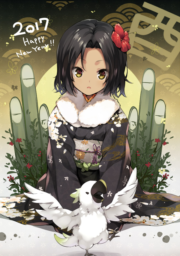 1girl, 2017, bamboo, bird, black_hair, cockatoo, commentary_request, flower