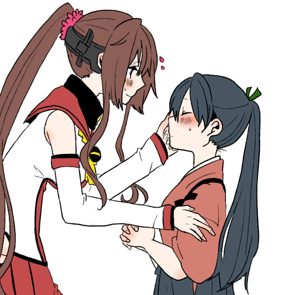 2girls, bangs, blue_hair, blush, brown_hair, closed_eyes, commentary_request, cowboy_shot