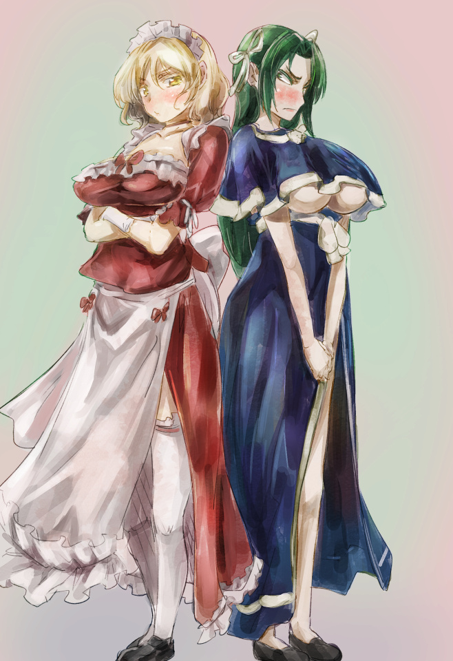 2girls, bare_legs, blonde_hair, blush, breasts, crossed_arms, green_eyes, green_hair