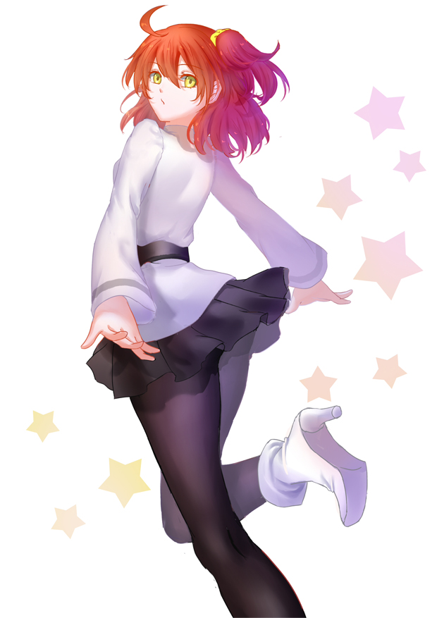 1girl, ahoge, black_legwear, boots, fate/grand_order, fate_(series), from_behind, from_below, fujimaru_ritsuka_(female), high_heel_boots, high_heels, mitsuki_hana, orange_hair, pantyhose, side_ponytail, standing, standing_on_one_leg, star, starry_background, thighs, type-moon, white_background, yellow_eyes