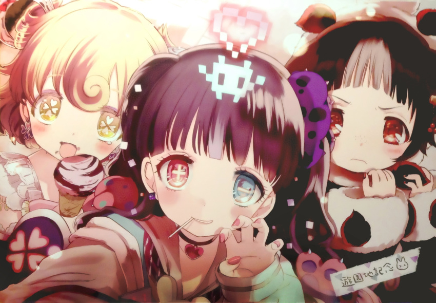 3girls, artist_request, black_hair, fingernails, food, highres, ice_cream, looking_at_viewer, mahou_shoujo_ikusei_keikaku, multiple_girls, nakano_sorami, official_art, premium_sachiko, short_hair, twintails, uluru_(mahoiku)