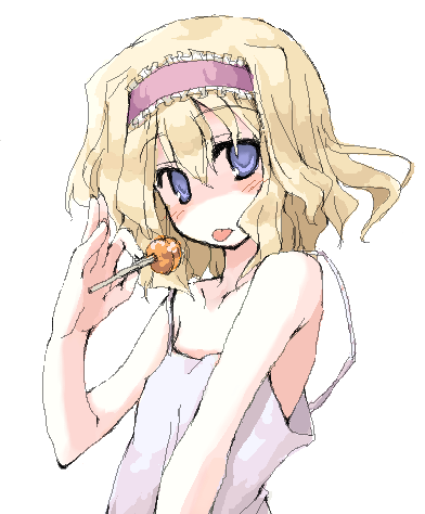blonde_hair, blue_eyes, camisole, candy, flat_chest, hairband, lollipop, lowres