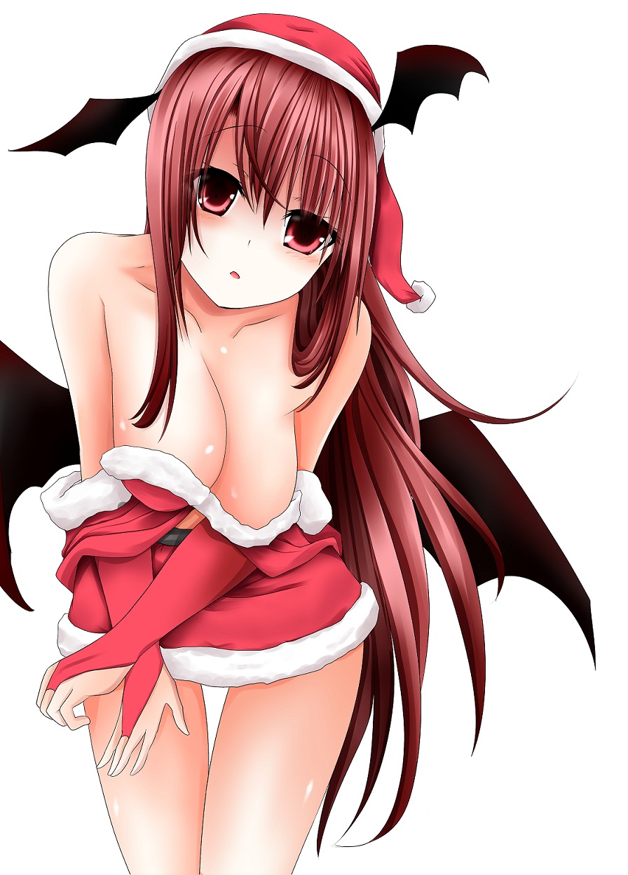 1girl, alternate_costume, bangs, bare_shoulders, blush, breasts, bridal_gauntlets, christmas