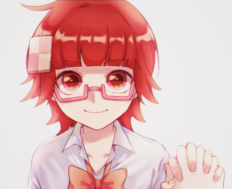 1girl, bangs, blunt_bangs, bow, bowtie, closed_mouth, collared_shirt, eyebrows_visible_through_hair