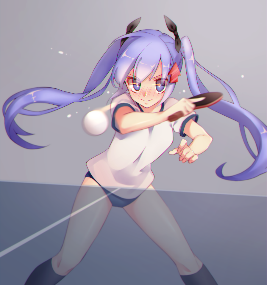 >:>, 1girl, ball, black_legwear, black_ribbon, blurry, blush, buruma