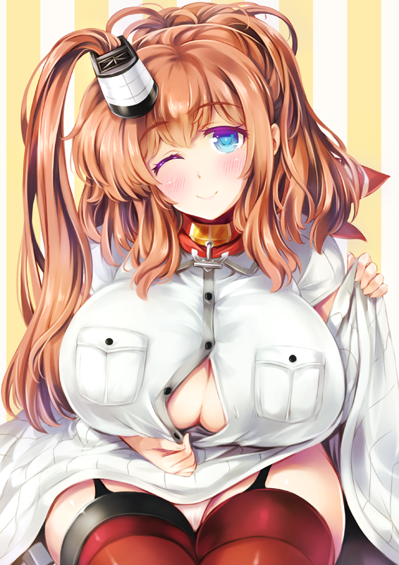 1girl, ;), blue_eyes, blush, breast_pocket, breasts, brown_hair, cleavage