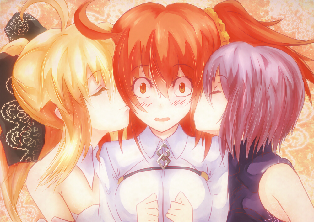 3girls, ahoge, bare_shoulders, black_ribbon, blonde_hair, blush, cheek_kiss, clenched_hands