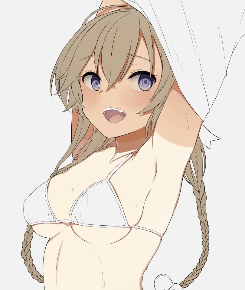 1girl, arms_up, bikini, braid, breasts, brown_hair, commentary, fang