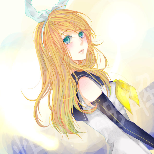 bad_id, blonde_hair, elbow_gloves, gloves, kagamine_rin, kagamine_rin_(meltdown), long_hair, looking_back