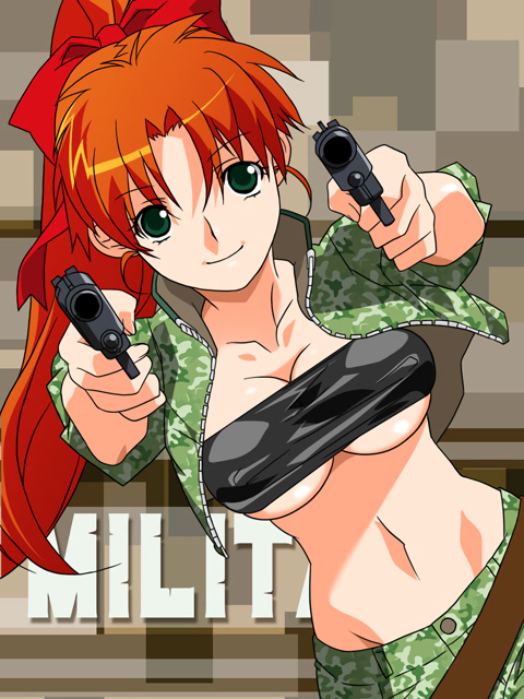 1girl, breasts, cleavage, erect_nipples, green_eyes, hair_ribbon, high_ponytail, long_hair