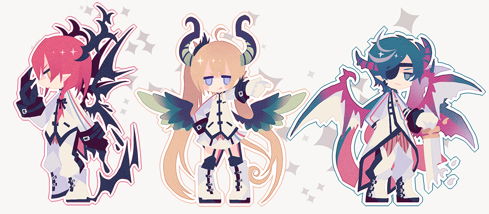 >:q, 1girl, 2boys, :q, ahoge, arm_behind_back, bangs, blonde_hair, blue_eyes, blue_hair, blush_stickers, boots, brett_graves, brown_eyes, chibi, claws, closed_mouth, dragon_horns, dragon_wings, eyepatch, full_body, garter_straps, gloves, grey_hair, horns, iris_ashbery, jitome, lieat, long_hair, long_sleeves, looking_at_viewer, matching_hair/eyes, miwasiba, multicolored_hair, multiple_boys, neil_masefield, official_art, outline, outstretched_arm, pigeon-toed, pointy_ears, profile, red_background, redhead, scales, short_hair, simple_background, skirt, smile, solo, sparkle, standing, streaked_hair, swept_bangs, sword, tongue, tongue_out, twintails, two-tone_hair, uniform, very_long_hair, violet_eyes, weapon, white_background, white_boots, white_gloves, white_skirt, wings