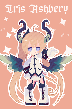 >:q, 1girl, :q, ahoge, blonde_hair, blush_stickers, boots, character_name, chibi, closed_mouth, dragon_horns, dragon_wings, full_body, garter_straps, gloves, horns, iris_ashbery, jitome, lieat, long_hair, long_sleeves, looking_at_viewer, lowres, miwasiba, official_art, orange_background, outline, outstretched_arm, pigeon-toed, simple_background, skirt, smile, solo, sparkle, standing, tongue, tongue_out, twintails, uniform, very_long_hair, violet_eyes, white_boots, white_gloves, white_skirt, wings